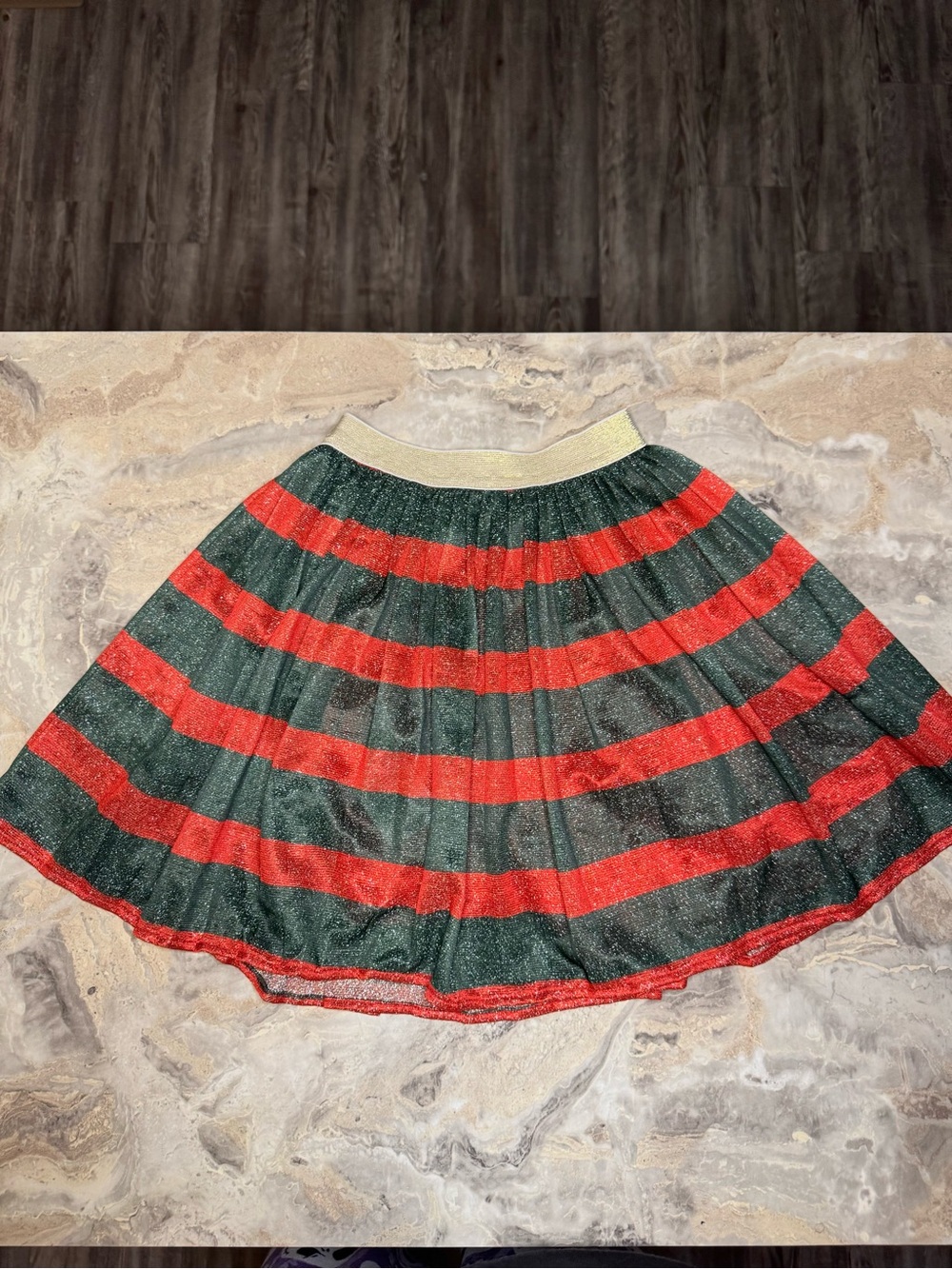 Gucci Red and Dark Green Glitter Striped Circle Skirt with Gold Waistband